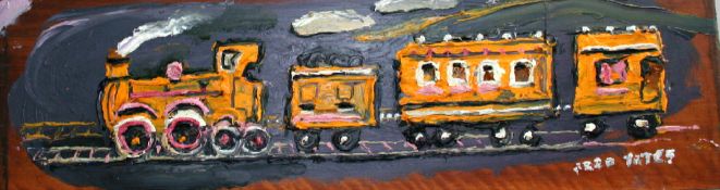 FRED YATES (1921-2008) `Orange Train`, oil on panel, signed 16cm x 56cm
