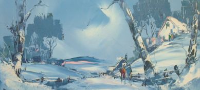 GEORGE DEAKINS (1911-1982) oil on board `Winter Scene` signed 30cm x 60cm and two others (3)