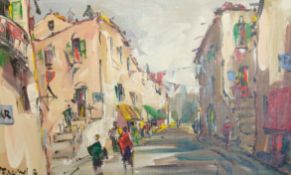 GEORGE DEAKINS (1911-1982) oil on board `Figures and Flags`, signed 40cm x 64cm