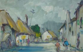 GEORGE DEAKINS (1911-1982) oil on board, `Figures in a Street`, signed, 40cm x 64cm