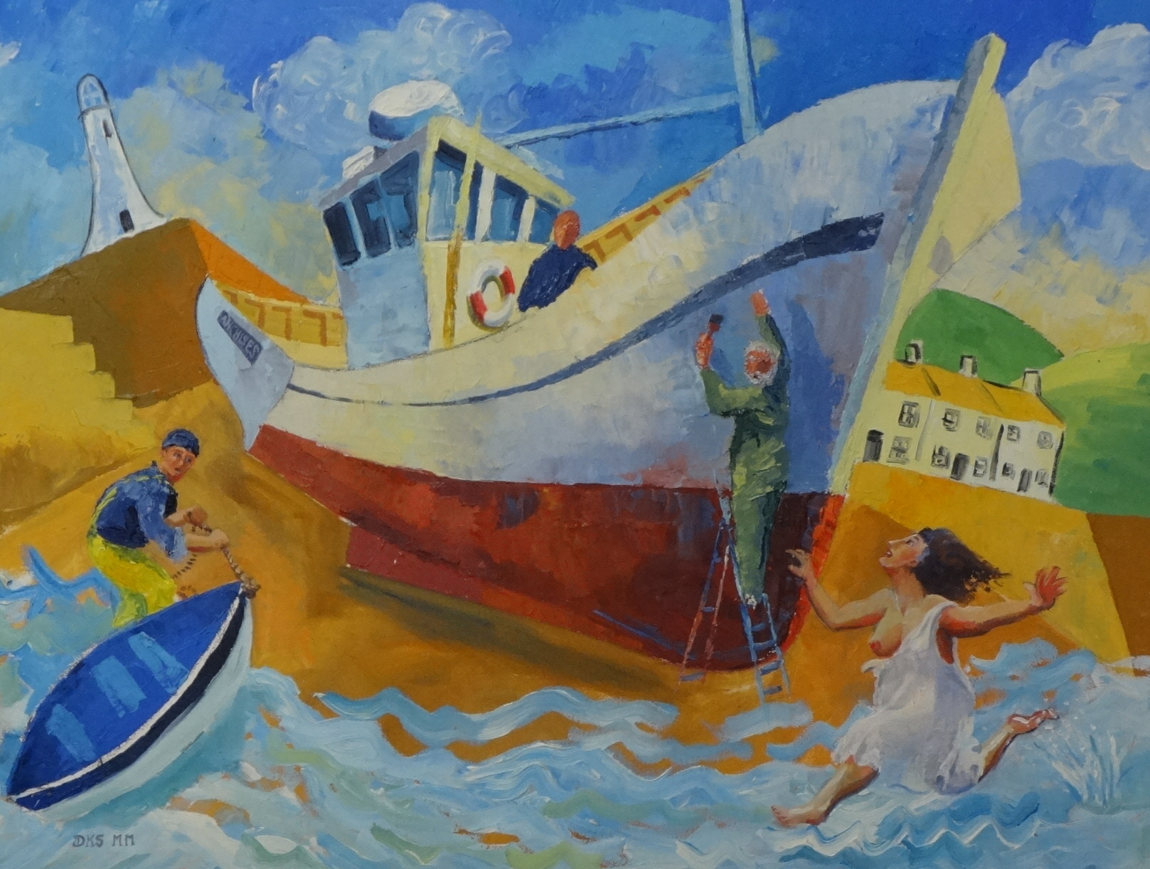 DAVID STEAD oil on canvas `Brixham Boats`, 56cm x 74cm