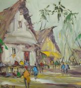 GEORGE DEAKINS (1911-1982) oil on board `Figures and Thatched Houses 1978`, signed, 55cm x 50cm