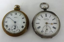 Two open face pocket watches including silver key wind Kay Swiss pocket watch (2)