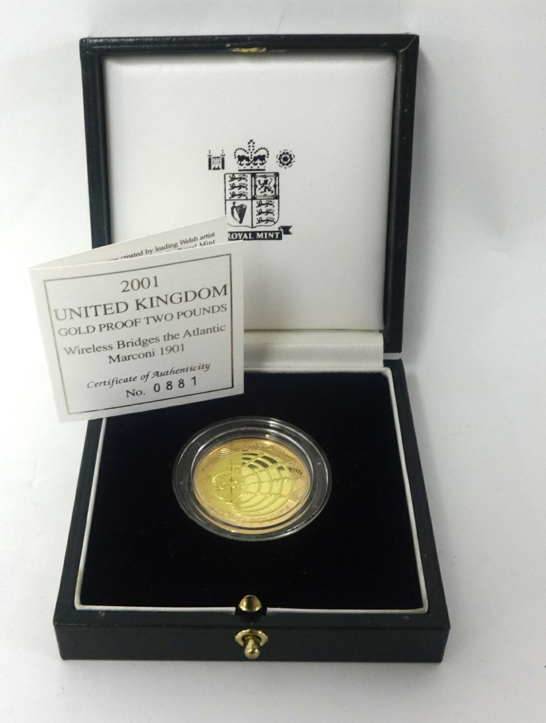 Royal Mint UK gold proof two pound coin (Marconi 1901), 22ct gold, 15.97g, 2001, cased