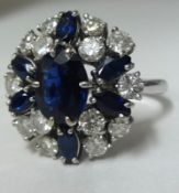 Large sapphire and diamond cluster ring, 18ct white gold, size O