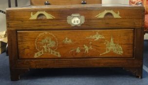 Chinese rosewood blanket chest decorated with figures, temples and scenes