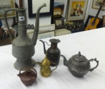 A Chinese brown stoneware miniature teapot and other metal eastern tea pots etc