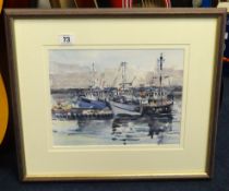 DON BAYLEY water colour `Fishing Boats Sutton Harbour` 22cm x 33cm also JEAN GRIEVE `Christmas