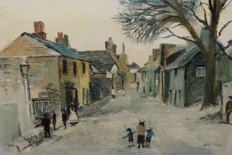 FRED YATES (1922-2008) oil on board `Village Scene with figures`,  possibly Yealmpton, Near