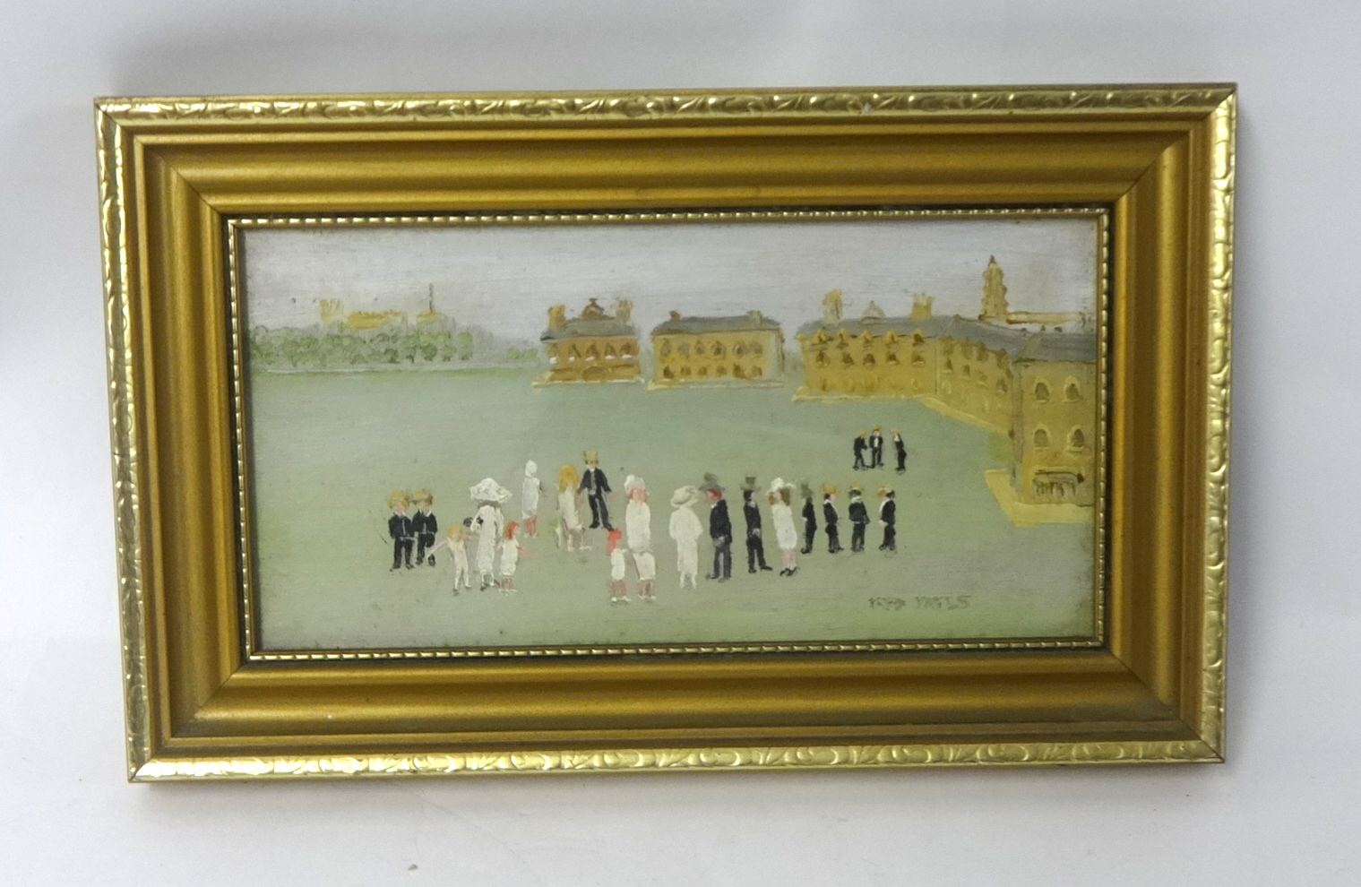 FRED YATES (1922-2008) small oil on board, signed, `Wedding Party`, 11cm x 22.5cm