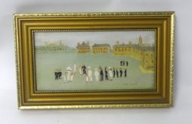 FRED YATES (1922-2008) small oil on board, signed, `Wedding Party`, 11cm x 22.5cm