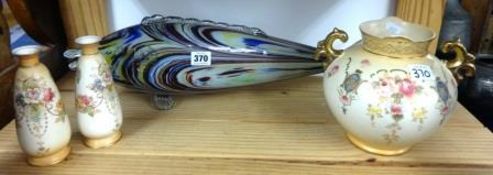 Crown Devon `Teck` vase, pair of similar `Wte` vases, large glass fish and a Baccarat dish (5)