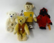 Steiff bears `Little Devil, Teddy Bu, Golfer Teddy, Friendship bear` with bags tallest 34cm (4)