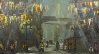 BEN MAILE (b1922) oil on board `Tenement Wash Day` signed 54cm x 99cm, a similar painting titled `