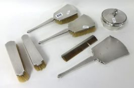 Six piece silver back brush set and Deco silver and glass jar