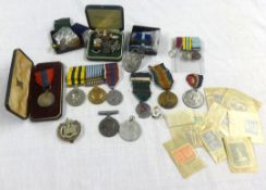 Various medals and badges including WWII trio, great war pair F.W.Warne.Son.l.i. etc