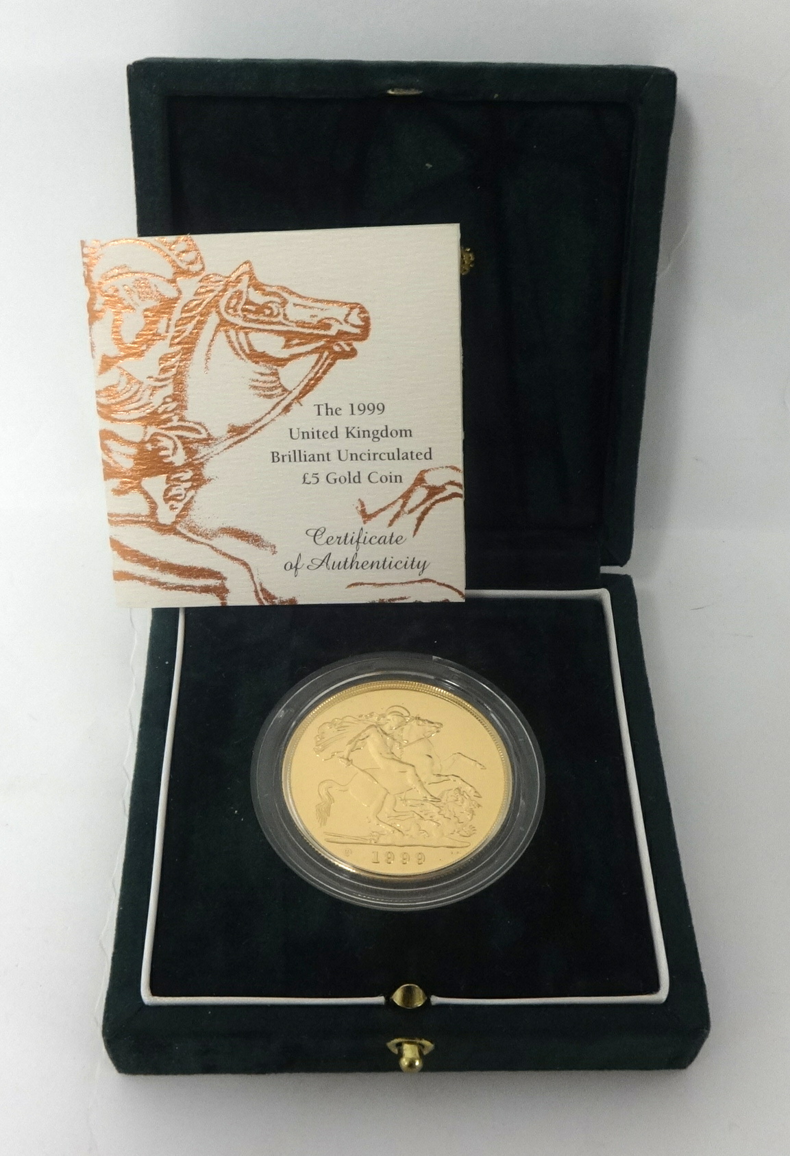 Royal Mint UK Brilliant uncirculated gold five pounds 1999, 22ct gold, 39.94g, cased