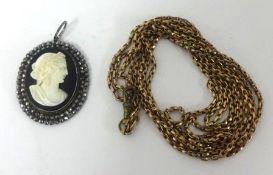 A cameo pendant and long 9ct gold chain approximately 140cm long, 23.5g