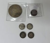 Victoria 1887 florin, 1844 half farthing, and four silver three penny bits