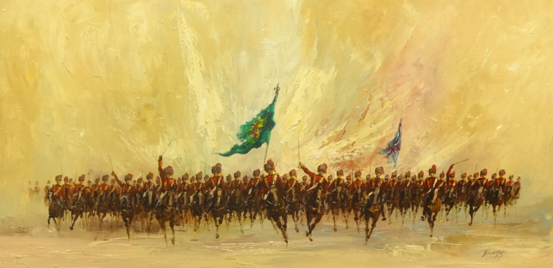 COLIN PARSONS (signed Glenn) oil on canvas `Military Charge`, unframed 50cm x 101cm