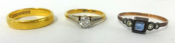 22ct wedding band 3.6g, diamond 18ct ring and another