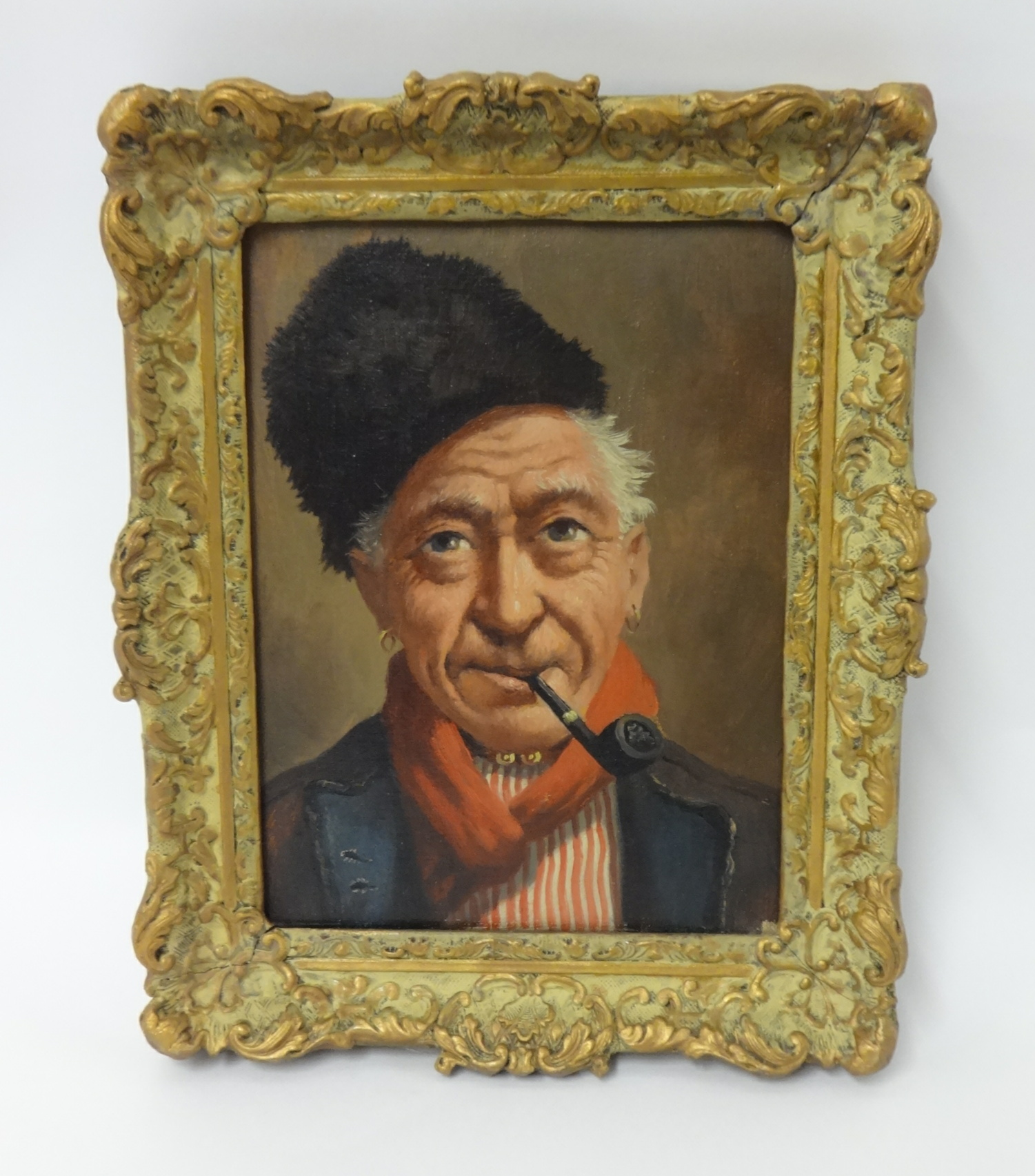 Oil on Canvas `Portrait of a Dutch Man with Fur Hat and Pipe` in gilt frame, 30cm x 20cm overall