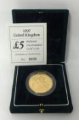 Royal Mint UK brilliant uncirculated gold five pounds 1997, 22ct gold, 39.94g, cased