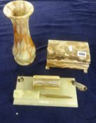 Two Rolex pens, Onyx desk set vase and box