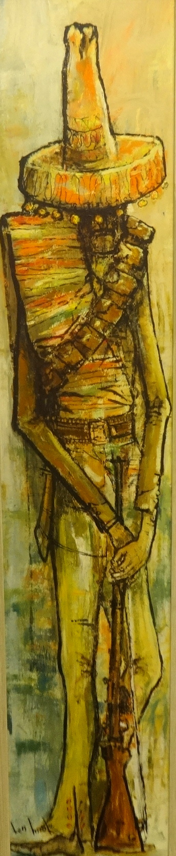 BEN MAILE (b1922) oil on board `Mexican with Rifle` signed 126cm x 24cm