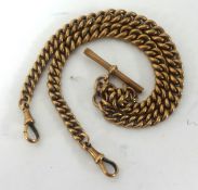 9ct gold watch chain with graduated links and  T bar, 29.90g