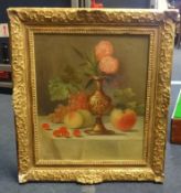 In the manner of EDWARD LEAR oil on canvas `Fruit Still Life`, monogrammed, 49cm x 40cm