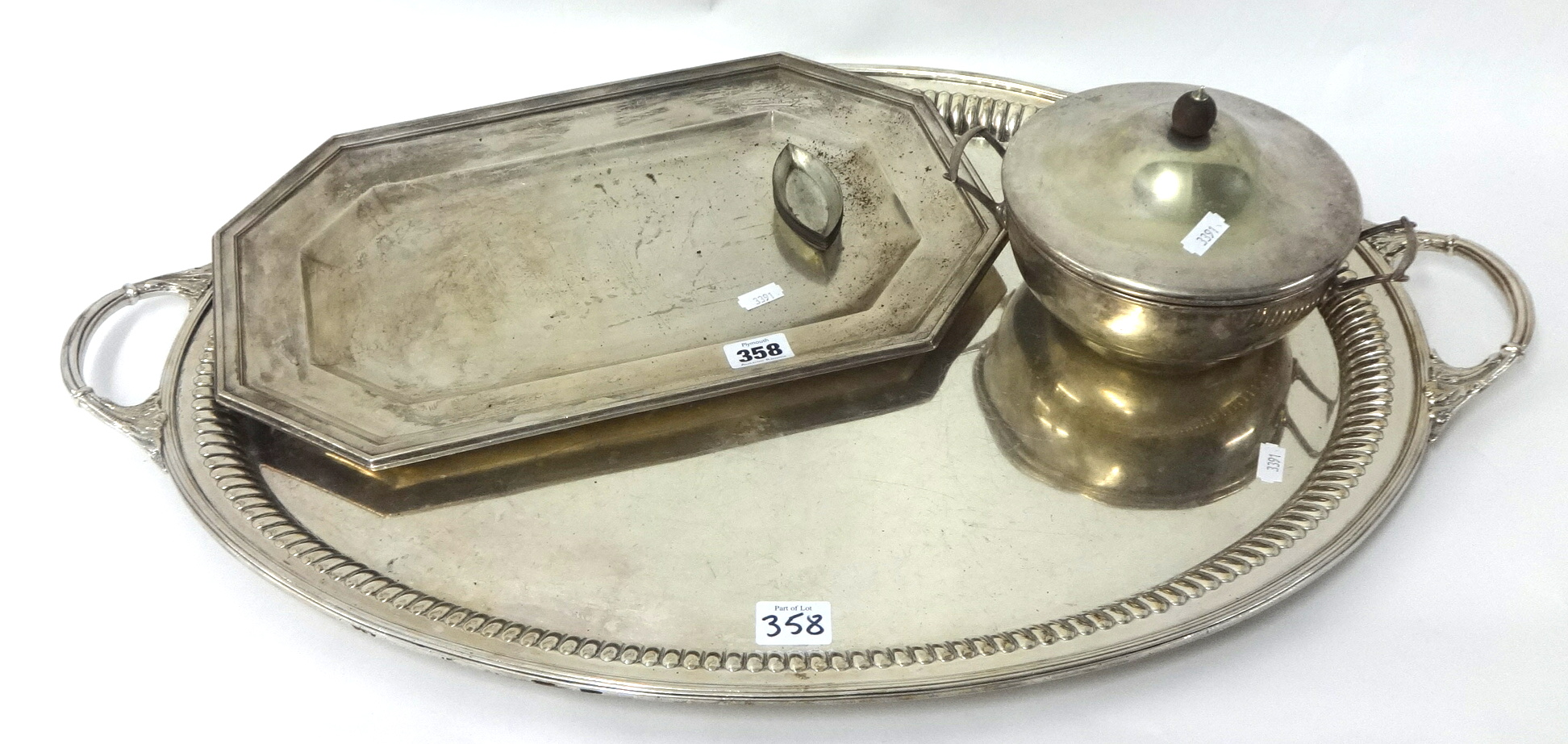 Large silver plated gallery serving tray, EP egg warmer another tray and small dishes