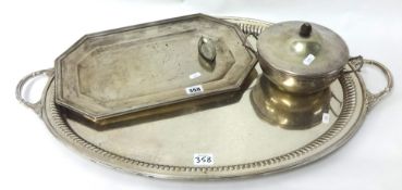 Large silver plated gallery serving tray, EP egg warmer another tray and small dishes