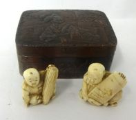 Oriental small metal box and two netsukes
