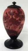 Cameo etched glass vase, purple, signed Galle, with pierced metal cover, 14cm (chipped glass)