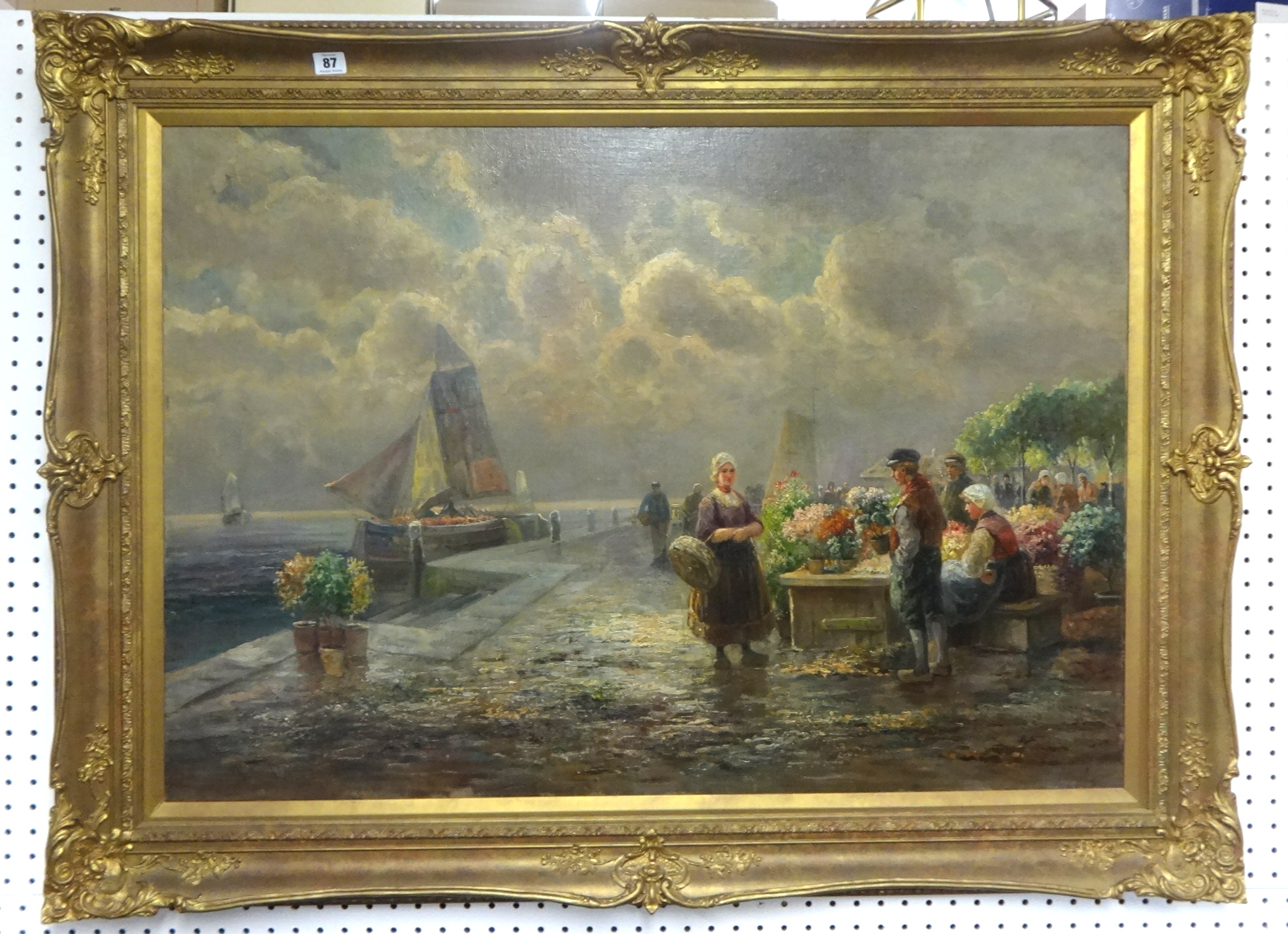 GUSTAV PURCHA (Austrian 1837-1952) `Flower Market Dutch Coast` oil on canvas in swept gilt frame