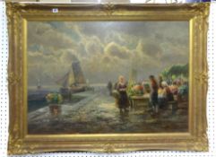 GUSTAV PURCHA (Austrian 1837-1952) `Flower Market Dutch Coast` oil on canvas in swept gilt frame