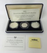 Royal Mint 1994 Three coin silver proof collection from 22.20g to 13.50g, cased