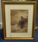 SARAH LOUISE KILPACK (1839-1909)  `Ruined Tower on Seacliff in Stormy Seas`, 26cm x 20cm