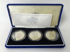 Royal Mint 2001 Royal Birthday silver proof collection, three five pound coins each weighing 28.