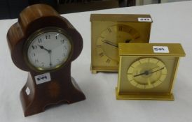 Edwardian eight day mantle clock, French movement also two Swiss brass cased clocks including