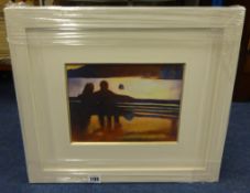 RICHARD LANNOWE HALL mixed media on paper `Couple Viewing the Light, St Ives`, framed, 17cm x 23cm