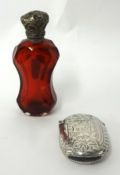 Silver and chased vesta and a ruby and silver mounted scent bottle
