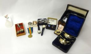 Costume jewellery, inlaid box, brooches, general watches, Victory medal to J. Whitemore and EP