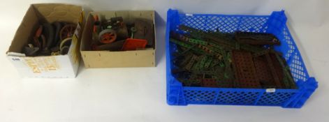 Meccano including belt stands, spirit burner, booklets and wheels