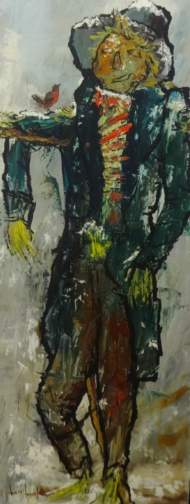 BEN MAILE (b1922) oil on chip board `Scarecrow` signed, unframed 122cm x 46cm