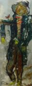 BEN MAILE (b1922) oil on chip board `Scarecrow` signed, unframed 122cm x 46cm