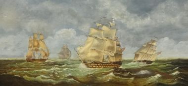 19th century oil on canvas `Warships in High Seas` in gilt frame, 29cm x 60cm