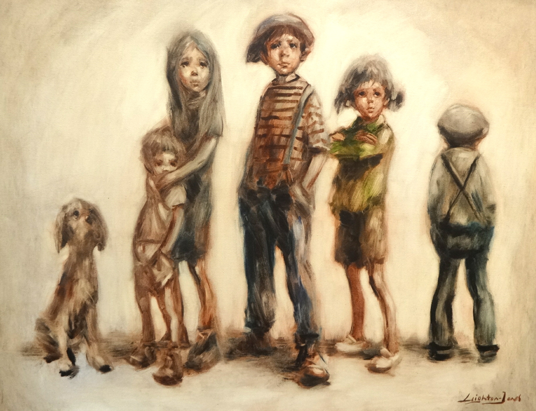 BARRY LEIGHTON-JONES oil on canvas `Five children and a dog` signed, unframed 76cm x 102cm