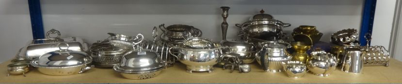 A large collection of silver plated table wares including fluted W&H tea service, entrée dishes,